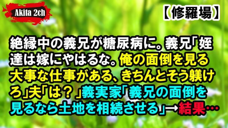 絶縁中の義兄が糖尿病に。義兄「姪達は嫁にやはるな。俺の面倒を見る大事な仕事がある、きちんとそう躾けろ」夫「は？」義実家「義兄の面倒を見るなら土地を相続させる」→結果…【AKITA 2ch】