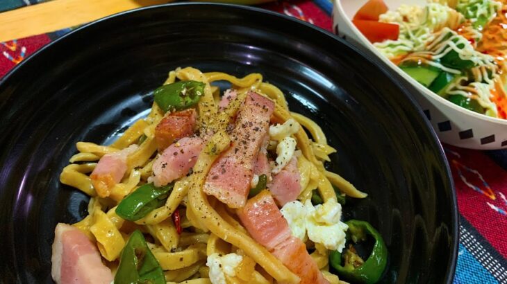 手打ち麺でペペロンチーノ【プラベキャンプ場と猫と糖尿病食】ほぐしやすい麺の切り方を試したかった【週末里山料理VLOG】