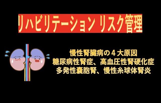 リハビリテーションリスク管理-慢性腎臓病（CKD）の４大原因（糖尿病性腎症、高血圧性腎硬化症、多発性嚢胞腎、慢性糸球体腎炎）-