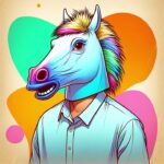 Create an NFT-style, bright and dynamic illustration of a person wearing a horse mask.  #chatgpt