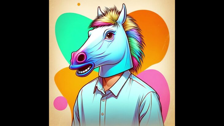 Create an NFT-style, bright and dynamic illustration of a person wearing a horse mask.  #chatgpt