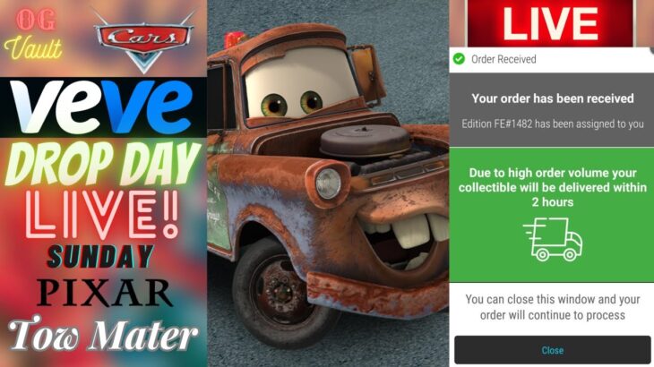 VeVe Drop Day LIVE – DISNEY Cars Characters Animated Digital Collectibles NFT Drop! Tow Mater F.A.