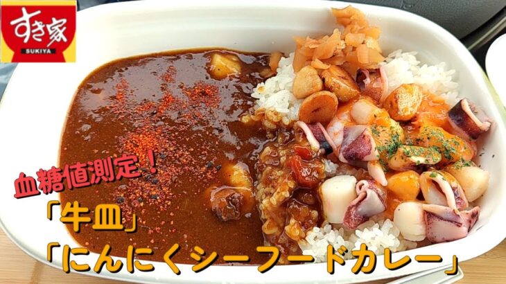 【１型糖尿】今日の昼ご飯の血糖値は？すき家「にんにくシーフードカレー」「牛皿」【車中飯】【食レポ】