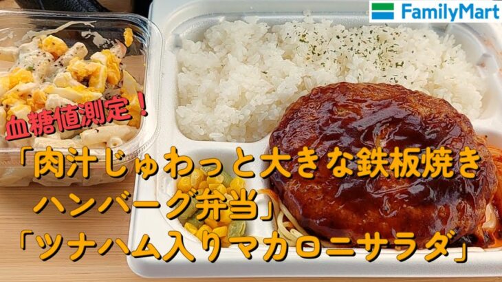 【１型糖尿】今日の昼ご飯の血糖値は？ファミマ「肉汁じゅわっと大きな鉄板焼きハンバーグ弁当」「ツナハム入りマカロニサラダ」【車中飯】【食レポ】