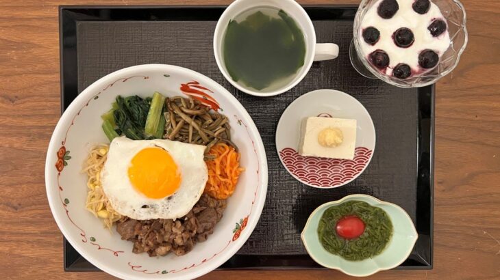 【糖尿病の食事】ビビンバ丼&冷奴。白内障手術のおかげで良く見える！糖尿病患者が血糖値改善の食事・レシピ・献立・作り方を紹介。HbA1cの数値を良くしたい。