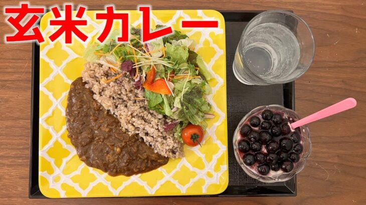 【糖尿病の食事】玄米のカレーライス&野菜サラダ、ブルーベリーヨーグルトを添えて。道端で倒れた父100歳、その後 糖尿病患者が血糖値改善の食事・レシピ・献立・作り方を紹介。HbA1cの数値を良くしたい。