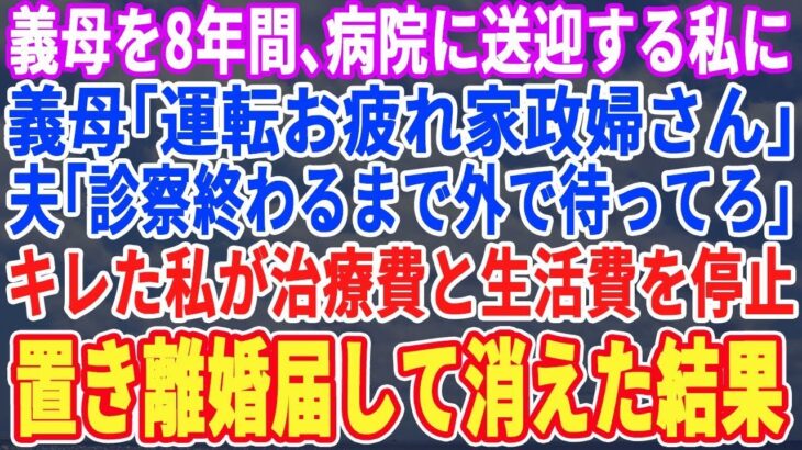 【スカッとする話】糖尿病の義母を8年間病院に送迎する私に義母「運転ご苦労様家政婦さん」夫「診察終わるまで外で待ってろw」キレた私が治療費と生活費を停止→離婚届を置いて消えた結果w