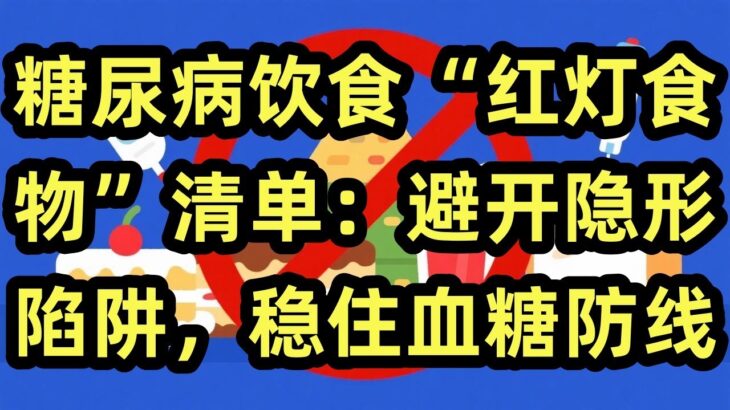 糖尿病饮食“红灯食物”清单：  糖尿病饮食中四类“红灯食物”包括高糖精制碳水、高脂肪高胆固醇食物、高盐食品及“伪健康”食物，剖析其危害并给出避坑方案，助力糖友通过科学饮食避开陷阱，稳定血糖、减少并发症