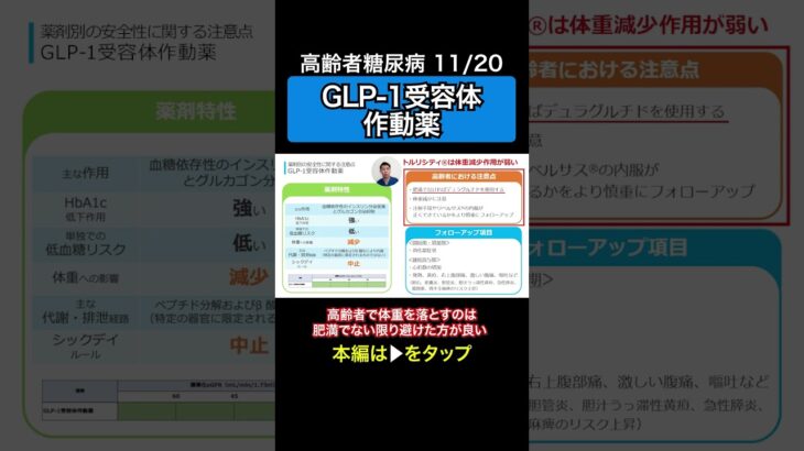 高齢者糖尿病11 | GLP-1受容体作動薬の注意すべき点 | HbA1c・血糖値・医薬品・トルリシティ・副作用・在宅医療・介護・脱水・シックデイ | 日本糖尿病療養指導士が解説 #薬剤師 #薬局