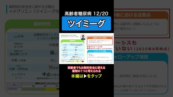 高齢者糖尿病12 | イメグリミン（ツイミーグ®）の注意すべき点 | HbA1c・血糖値・医薬品・乳酸アシドーシス・副作用・在宅医療・介護・シックデイ | 日本糖尿病療養指導士が解説 #薬剤師 #薬局