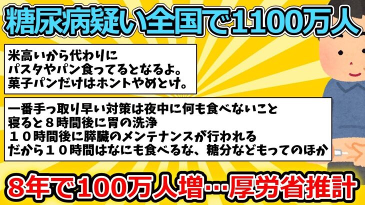 【2ch面白いスレ】糖尿病疑い全国で1100万人、8年で100万人増…厚労省推計【ゆっくり解説】