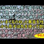 糖尿病の姑は、食べ盛りの私の息子を見てイライラするらしく｢無神経な嫁の子だから病人の前でも食いまくるのね｣と暴言を吐く。それから息子は気を使って、部屋に言って食べるが、それも気に食わない様子で…結果