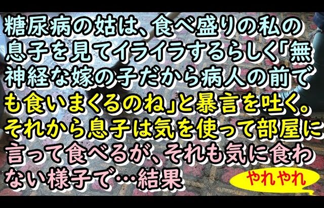 糖尿病の姑は、食べ盛りの私の息子を見てイライラするらしく｢無神経な嫁の子だから病人の前でも食いまくるのね｣と暴言を吐く。それから息子は気を使って、部屋に言って食べるが、それも気に食わない様子で…結果