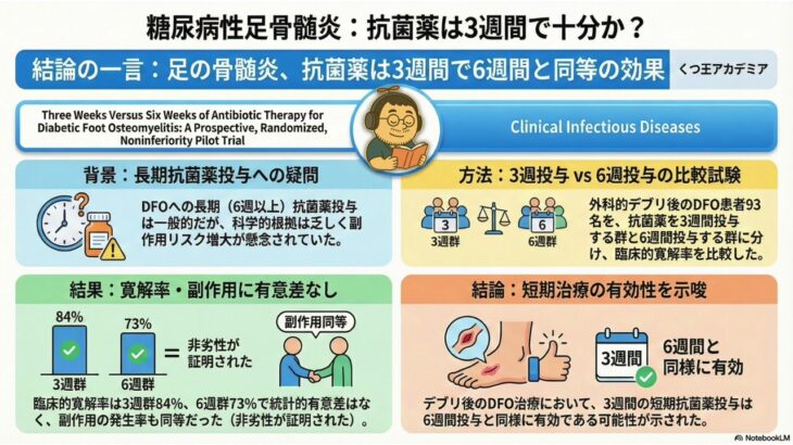 【医療者向け・音声のみ】糖尿病性足骨髄炎のデブリドマン後抗菌薬治療、3週間は6週間に対して非劣性：ランダム化比較パイロット試験の結果　CID