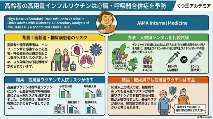 【医療者向け・音声のみ】高齢糖尿病患者への高用量インフルエンザワクチン、標準量と比較して心肺入院リスクを低減：DANFLU-2試験二次解析　JAMA Internal Medicine