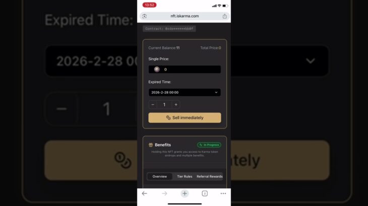 How do I sell my KARMA NFT and set a selling price?