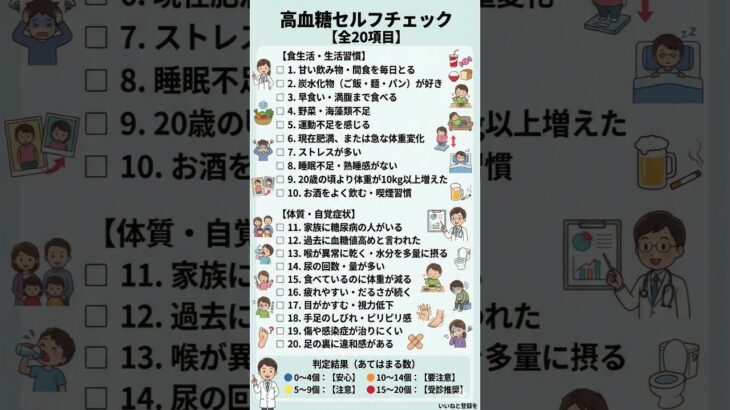 【10秒で健康】糖尿病予備軍？ 放置は危険！血糖値の異常がわかる「20のセルフチェック」と判定結果