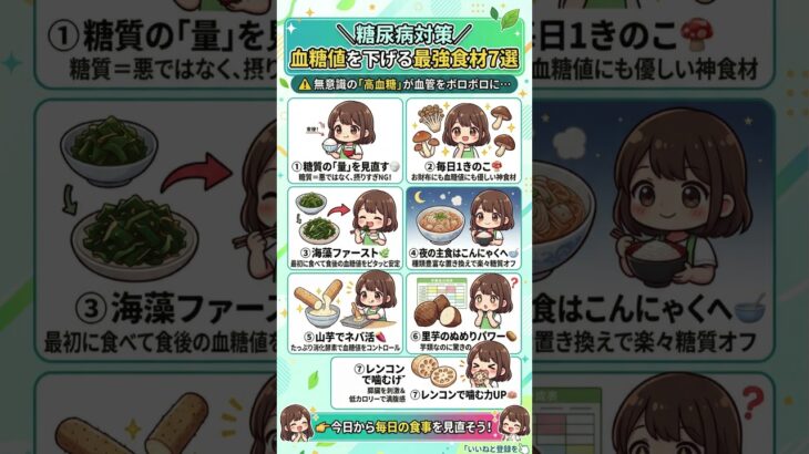 【糖尿病対策】血管をボロボロにしない！血糖値を下げる「最強の神食材7選」｜海藻・きのこ・根菜の力を最大化する正しい食べ方図解ガイド