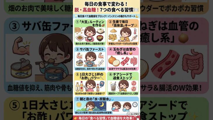 【脱・高血糖】毎日の食事で血管が変わる！血糖値をブロックする「7つの神習慣」徹底解説｜大豆・サバ缶・お酢のチカラでインスリンを全力サポート