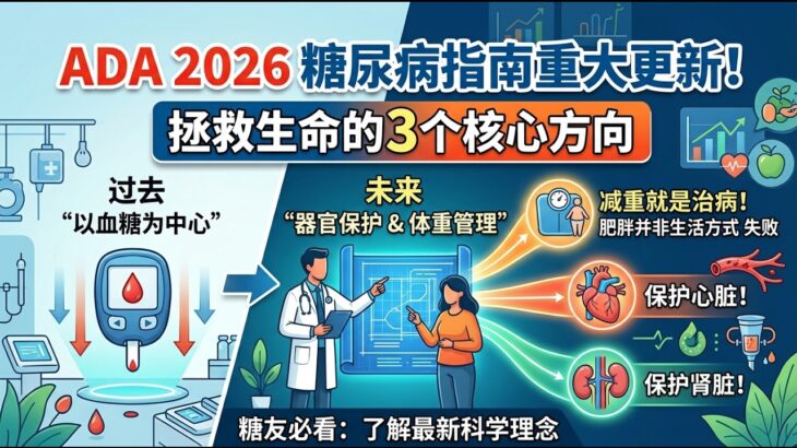 ADA 2026糖尿病指南重磅更新！不再“唯血糖论”，这三个方向才是救命关键！减肥就是治病！肥胖不再是生活方式的失败保护心肾是第一要务！从“血糖中心”向“器官保护（心、肾）和体重管理
