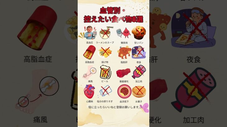 血管別・控えたい食べ物8選  #健康 #血管 #高血圧 #糖尿病 #動脈硬化 #健康習慣 #シニア健康 #血流改善 #脂肪肝 #健康管理 #健康知識 #中高年 #食生活 #認知症予防 #ショート動画