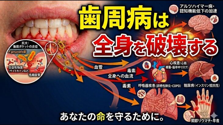 歯周病と様々な病気（心疾患、アルツハイマー病、糖尿病、早産、関節リウマチ、呼吸器疾患）について。
