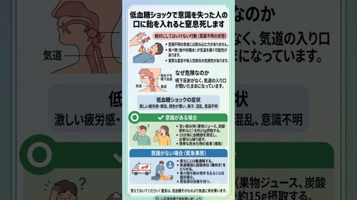 070 低血糖ショックで意識を失った人の口に飴を入れると窒息死します #低血糖 #低血糖ショック #応急処置 #糖尿病 #健康知識 #窒息予防 #119番通報 #命を救う #安全対策