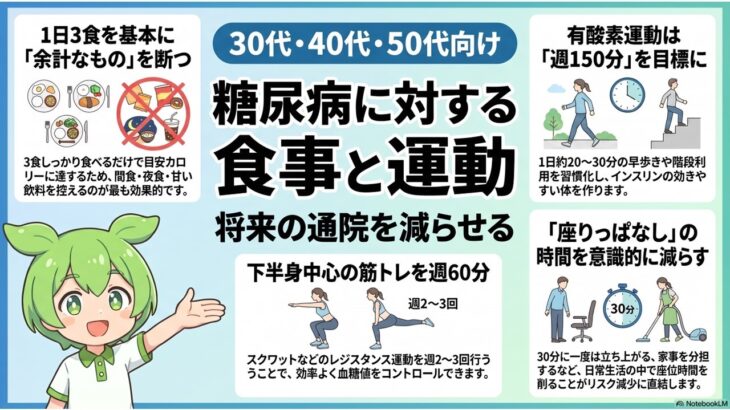 糖尿病に対する食事と運動（30代、40代、50代向け）