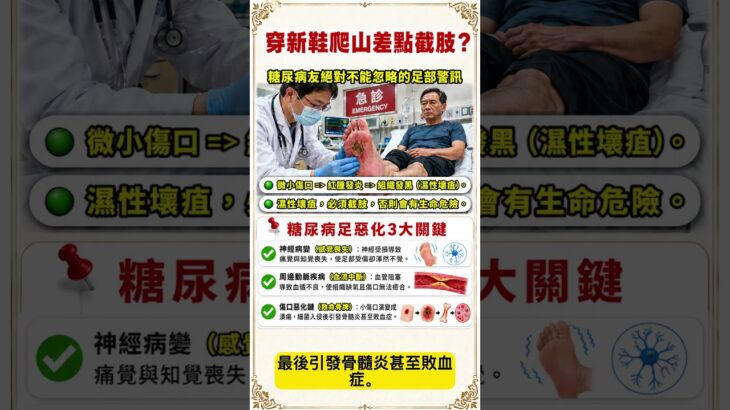 【醫師解說】穿新鞋爬山差點截肢？糖尿病友絕對不能忽略的足部警訊  #糖尿病#糖尿病足#足部健康#傷口照護#慢性病照護#健康科普#神經病變#內科醫師#預防勝於治療#醫學知識#吳文傑醫師