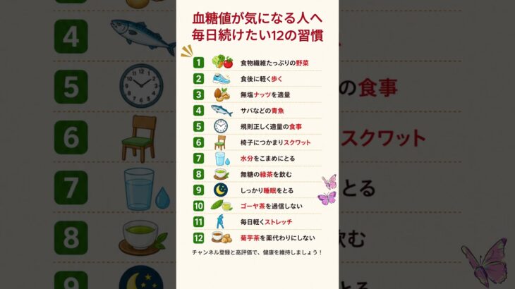 血糖値が気になる人へ毎日続けたい12の習慣 #血糖値 #糖尿病 #糖尿病予防 #血糖値対策 #食後血糖値 #食生活 #運動習慣 #シニア健康 #健康習慣 #健康情報 #健康豆知識 #shorts