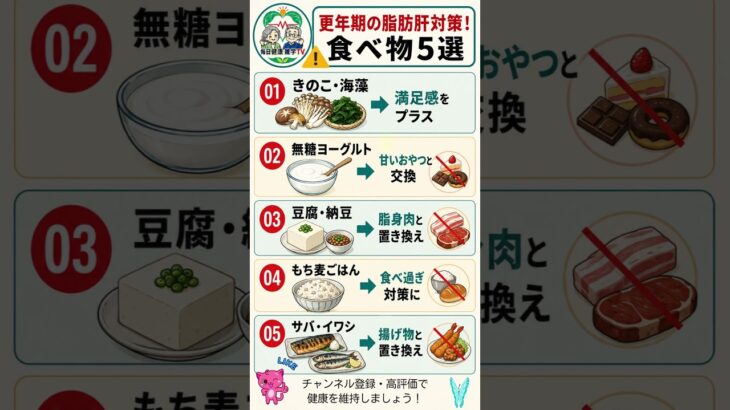 更年期の脂肪肝対策！食べ物5選#更年期#脂肪肝#食生活 #危険な食べ物 #生活習慣病 #高血圧 #糖尿病 #脂肪肝 #大腸がん #健康豆知識 #シニア健康 #アンチエイジング #健康情報