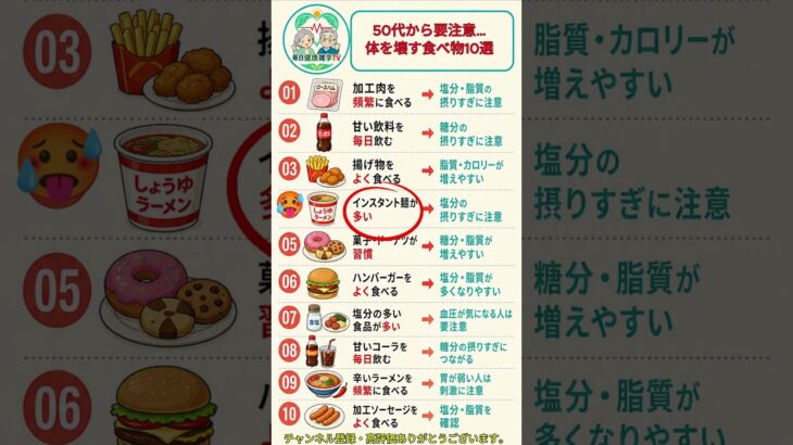 50代から要注意！体を壊す食べ物10選#健康 #健康習慣 #食生活 #危険な食べ物 #生活習慣病 #高血圧 #糖尿病 #脂肪肝 #大腸がん #健康豆知識 #シニア健康 #アンチエイジング #健康情報