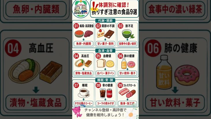体調別に確認！撮りすぎ注意の食品9選#健康 #健康習慣 #食生活 #危険な食べ物 #生活習慣病 #高血圧 #糖尿病 #血管#睡眠 #大腸がん #健康豆知識 #シニア健康 #アンチエイジング #健康情報