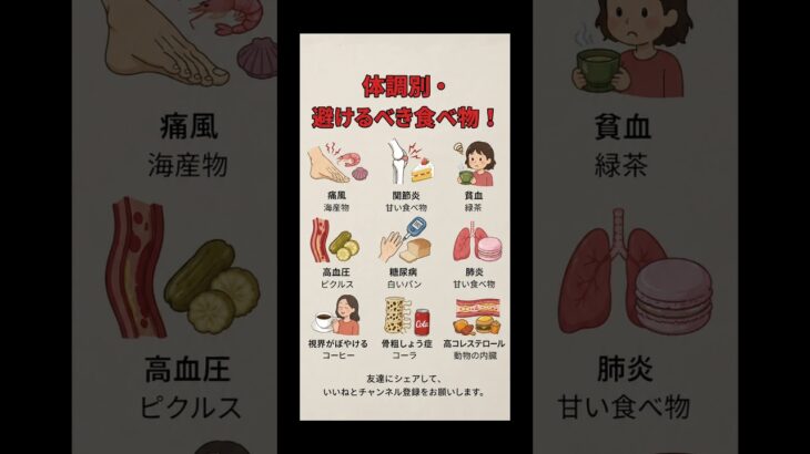 体調別・避けるべき食べ物9選! #健康#食事療法 #避けるべき食べ物 #生活習慣 #糖尿病#高血圧 #骨粗しょう症 #関節炎 #貧血 #痛風 #健康管理 #ショート動画