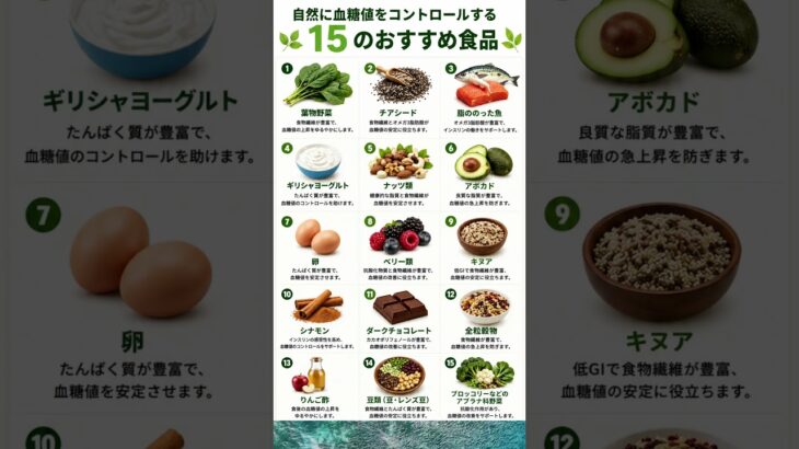 自然に糖尿病対策！血糖値にやさしいおすすめ食品15選 🍳🥦｜血糖値を意識した健康的な食事 #shorts #健康食品 #糖尿病