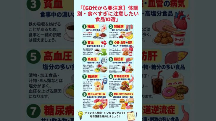 「【60代から要注意】体調別・食べすぎに注意したい食品10選」 #健康 #食事療法 #避けるべき食べ物 #生活習慣 #糖尿病 #高血圧 #骨粗しょう症 #関節炎 #貧血 #痛風 #健康管理