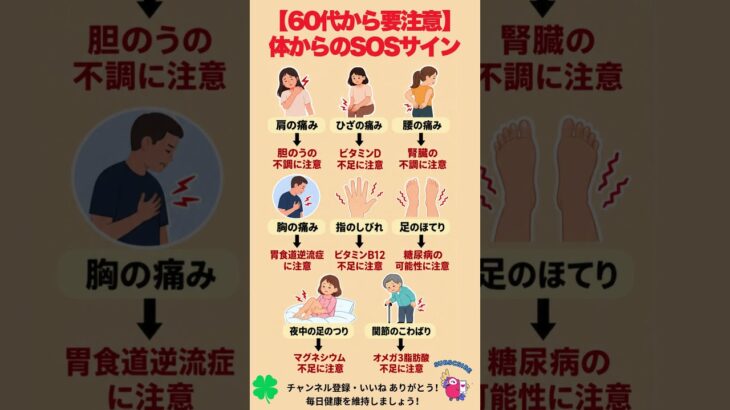 【見逃さないで】痛み・しびれでわかる「体の異変」8選｜60代から要注意#健康 #健康雑学 #シニア健康 #60代健康 #痛み #しびれ #体の不調#SOS #糖尿病#足がつる#ビタミン#腰の痛み