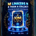 Create a futuristic infographic titled “10M LINKERS NFT — MORE THAN  #InterLink #ITLG #ITL.