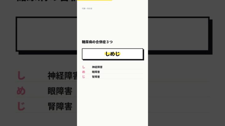 糖尿病の合併症３つ｜ゴロで覚える医師国家試験 #shorts