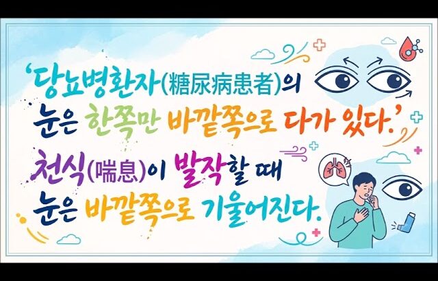 【사람 보는 눈】 – 눈(目) / 당뇨병환자(糖尿病患者)의 눈은 한쪽만 바깥쪽으로 다가 있다.  ​천식(喘息)이 발작할 때 눈은 바깥쪽으로 기울어진다.​